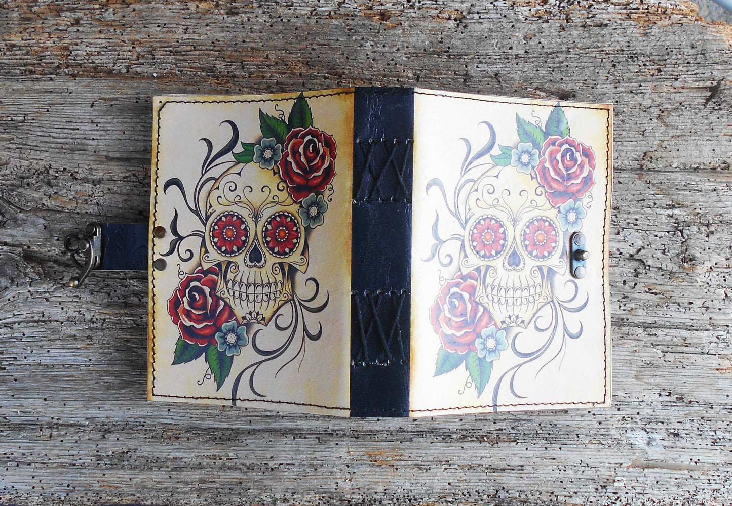 Leder-Notizbuch, handgearbeitet, Tagebuch, handgeschöpftes Papier, Totenkopf